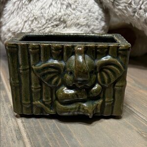 Green Vintage Elephant and Bamboo Ceramic Planter